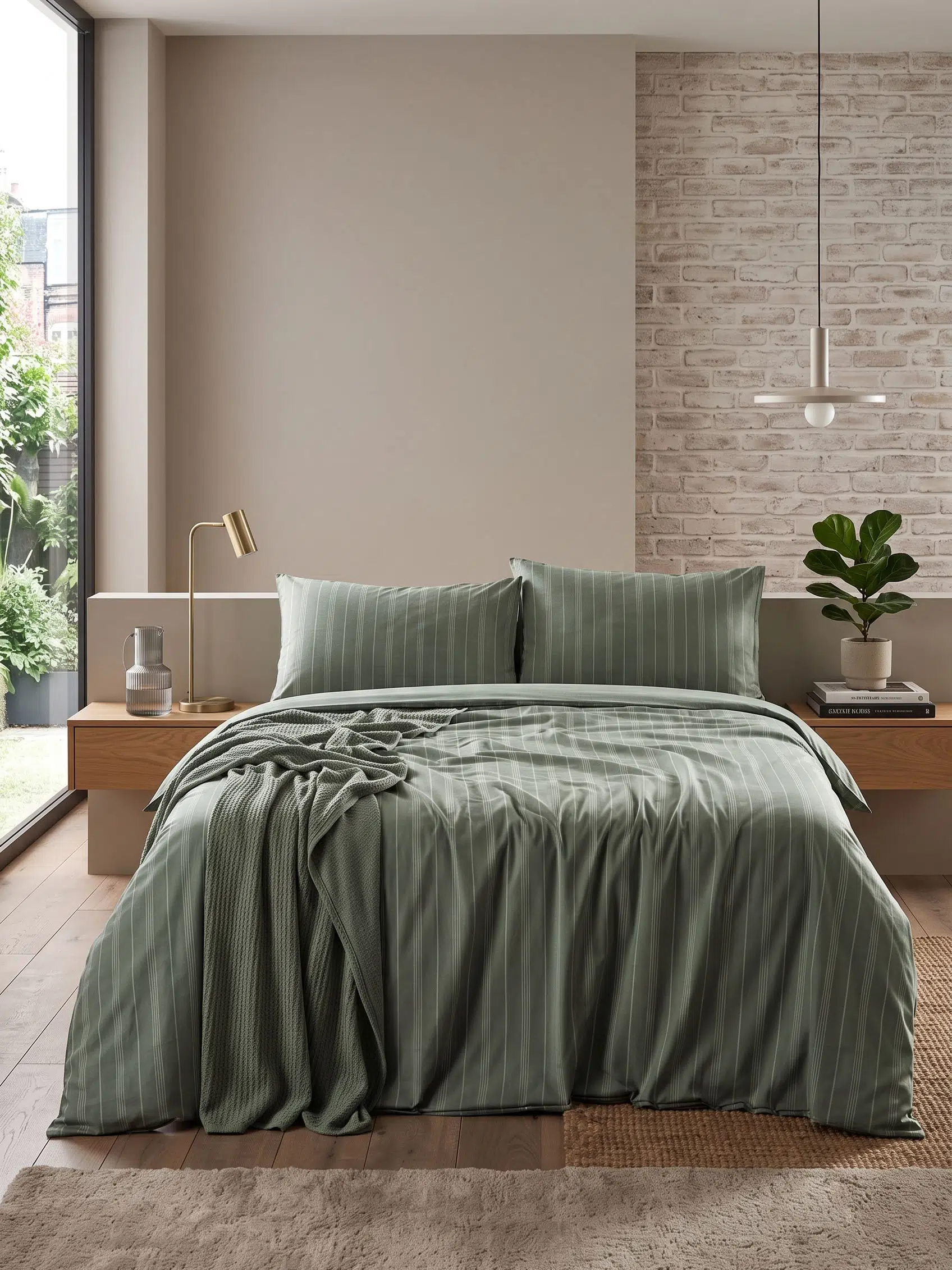 Çift Kişilik Çizgi Desenli Nevresim Takımı Pamuk Polyester Modern Yatak Odası Seti - Yeşil