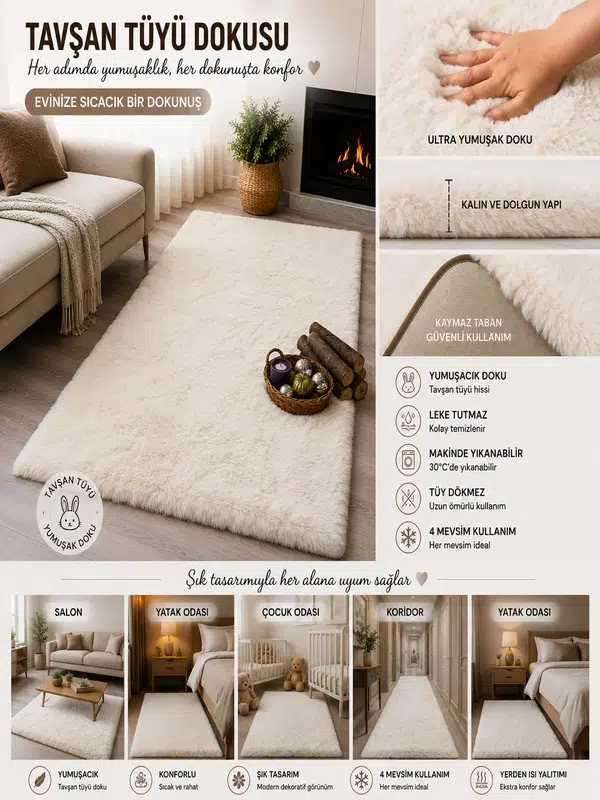 Dekoratif Tavşan Tüyü Ultra Yumuşak Peluş Kaymaz Halı Yolluk - Krem