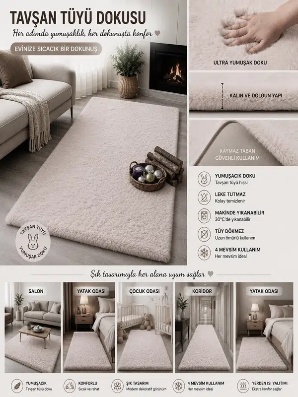 Dekoratif Tavşan Tüyü Ultra Yumuşak Peluş Kaymaz Halı Yolluk - Vizon