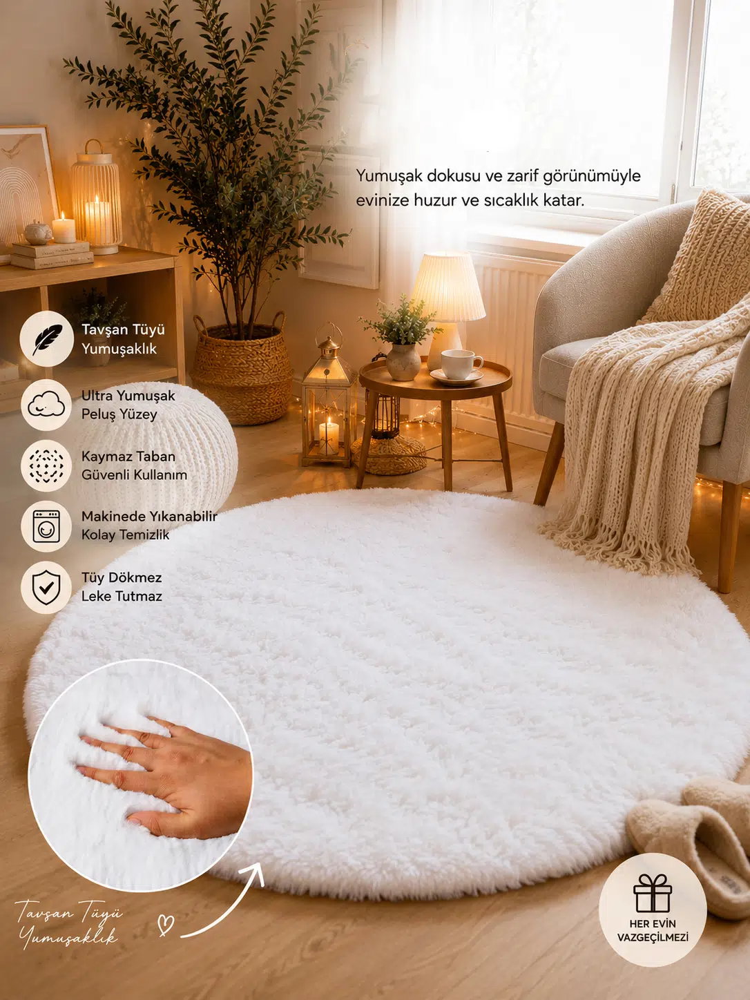 Dekoratif Tavşan Tüyü Ultra Yumuşak Peluş Yuvarlak Halı - Beyaz