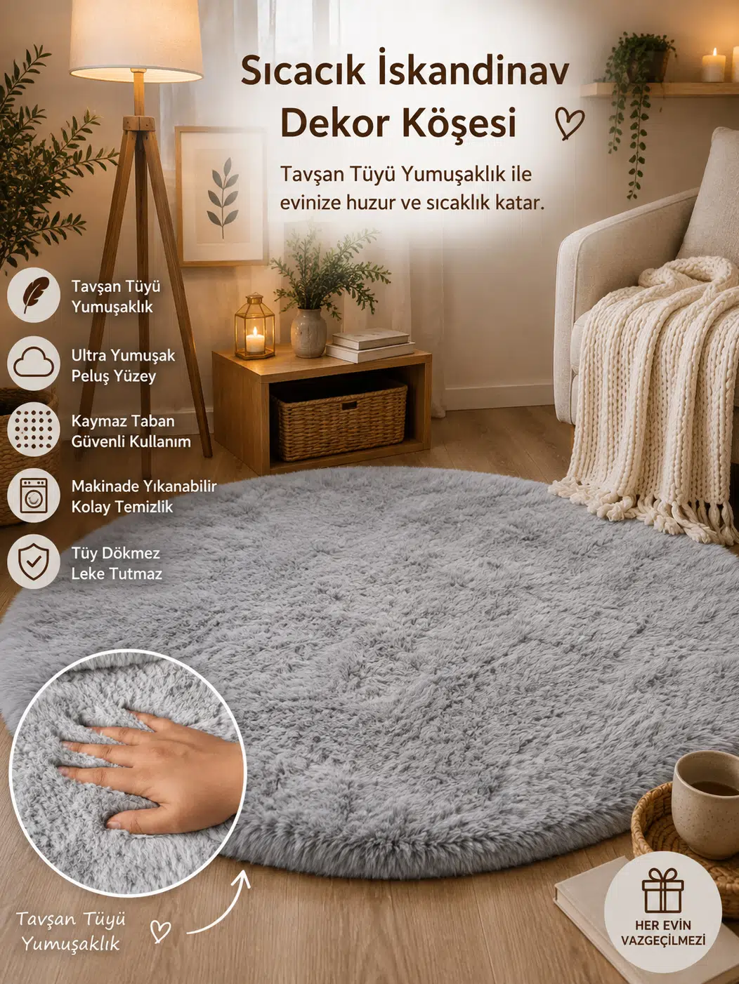 Dekoratif Tavşan Tüyü Ultra Yumuşak Peluş Yuvarlak Halı - Gri