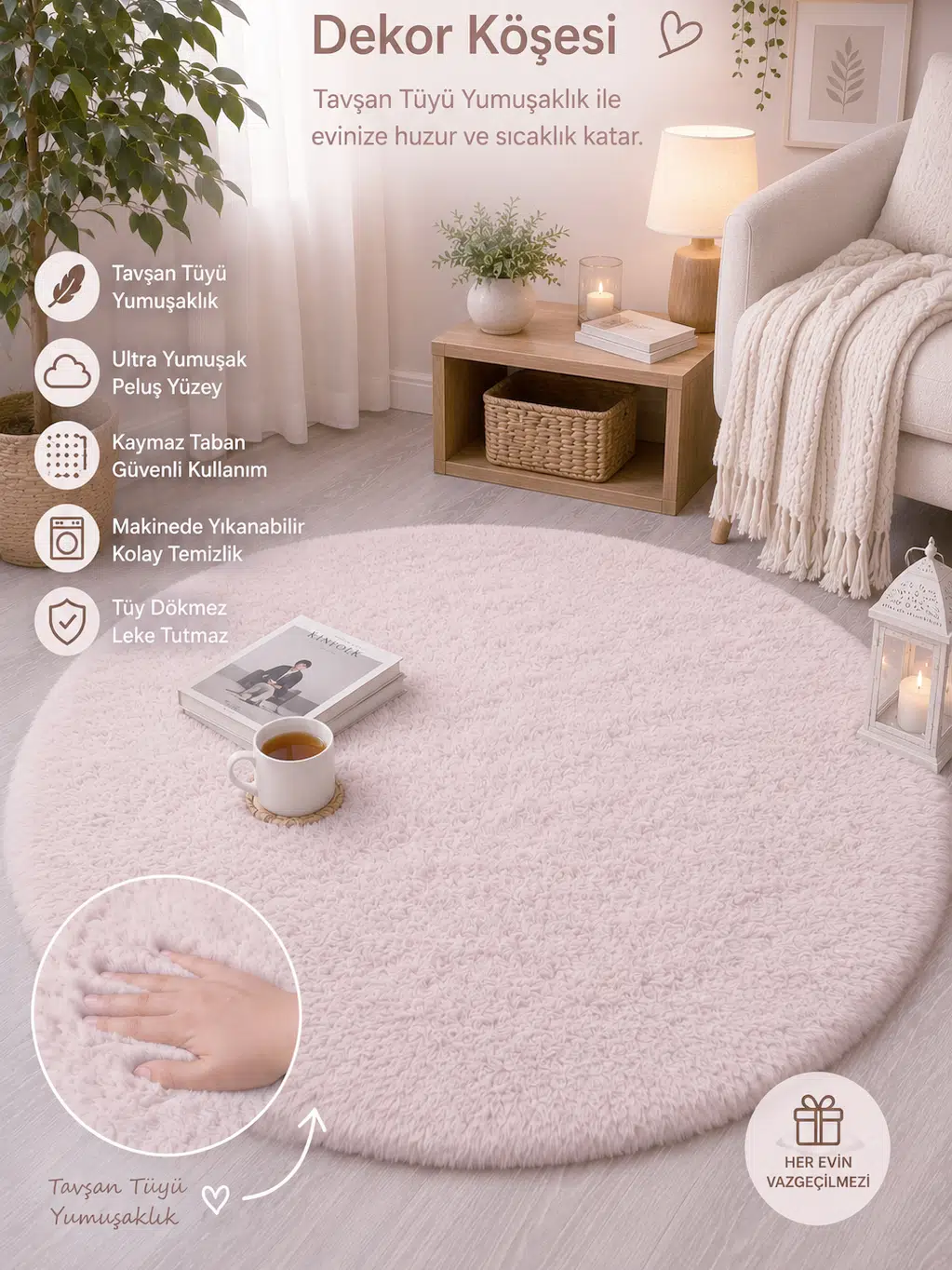 Dekoratif Tavşan Tüyü Ultra Yumuşak Peluş Yuvarlak Halı - Vizon