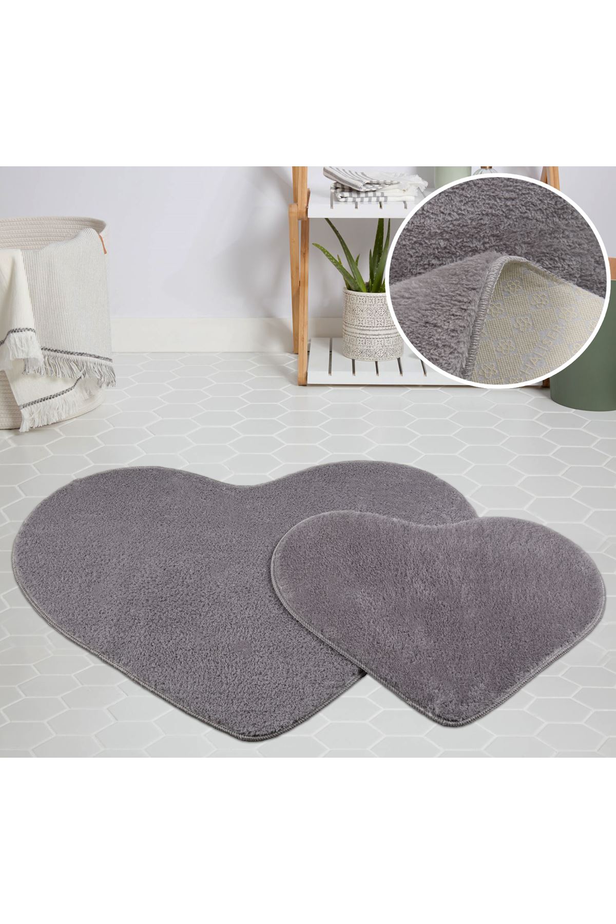 My Evilla Modern Dekoratif Halı Jel Kaymaz Taban Peluş Puffy Kalp Model Gri Paspas Takımı 70x100-70x60 My Evilla Modern Dekoratif Halı Jel Kaymaz Taban Peluş Puffy Kalp Model Gri Paspas Takımı 70x100-70x60