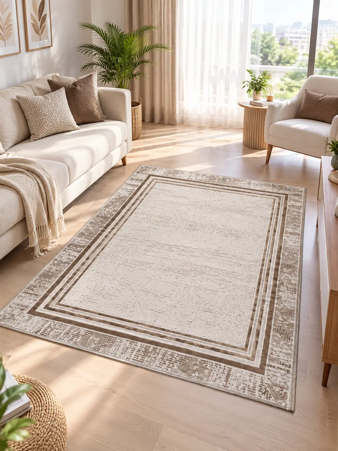 Saten Halı Modern Kaymaz Tabanlı Yıkanabilir Salon Oturma Odası Halısı Baklava Çerçeve Çizgi Desen