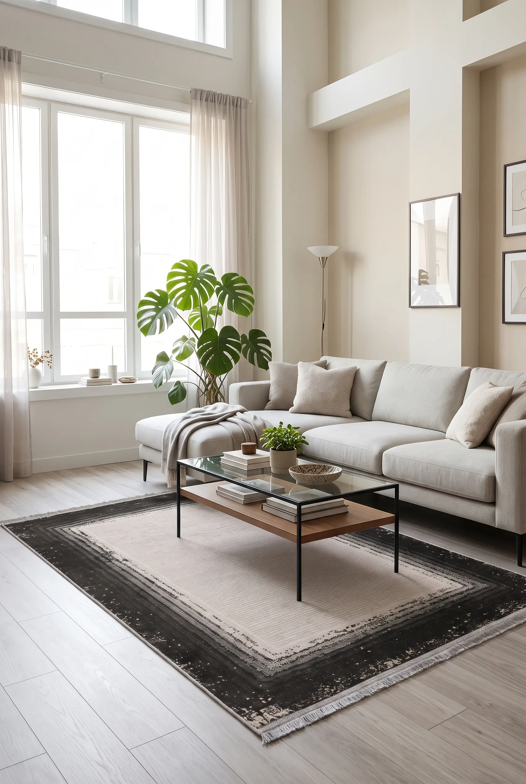 Saten Halı Modern Kaymaz Tabanlı Yıkanabilir Salon Oturma Odası Halısı Çerçeve Çizgilİ Desen