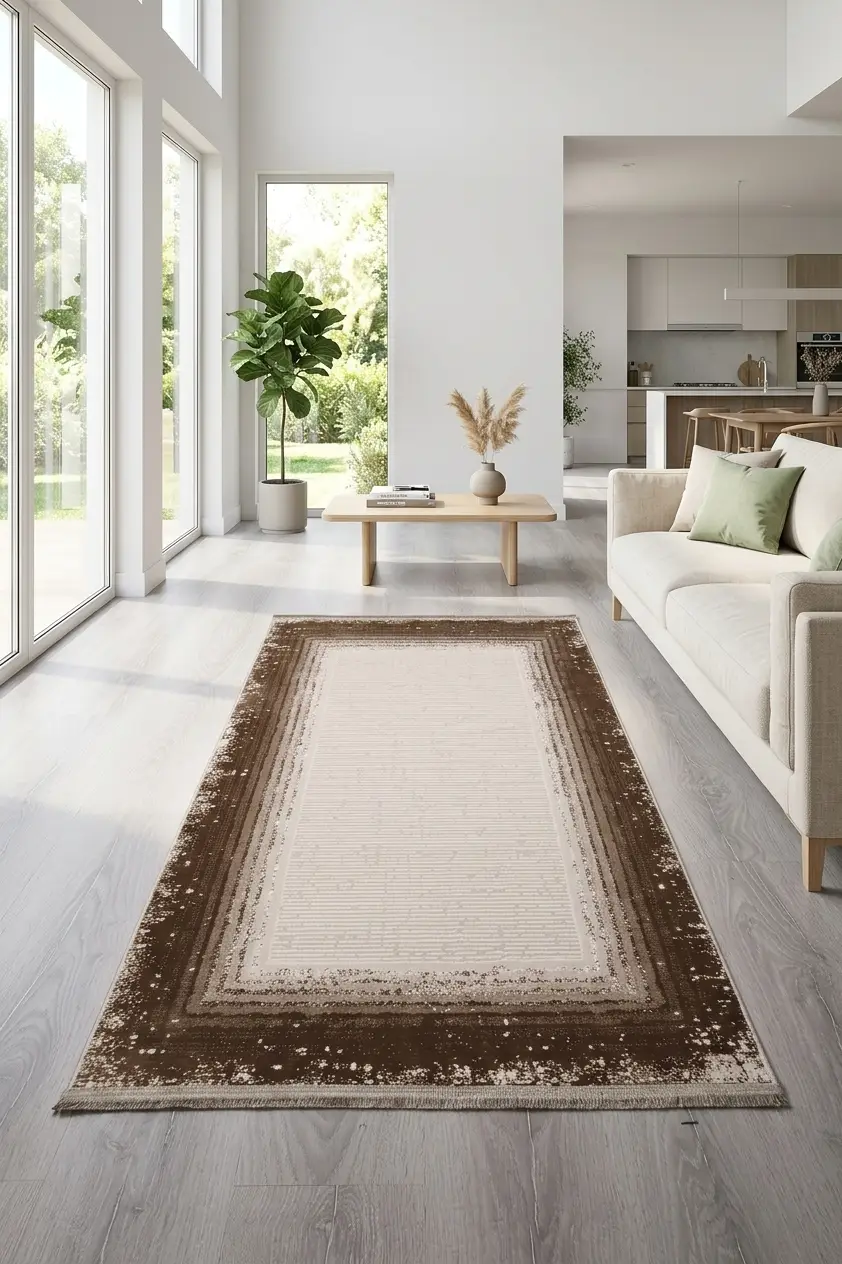 Saten Halı Modern Kaymaz Tabanlı Yıkanabilir Salon Oturma Odası Halısı Çerçeve Çizgilİ Desen - Kahverengi