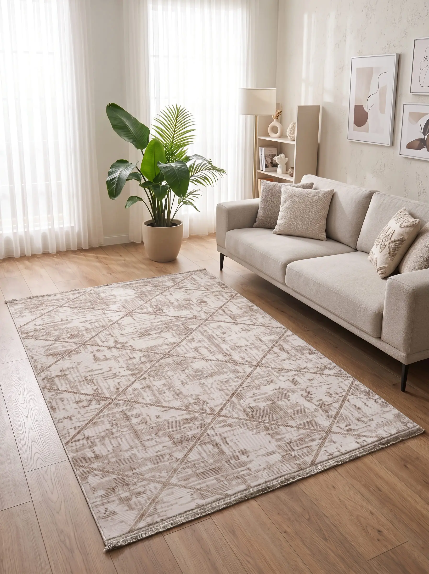 Saten Halı Modern Kaymaz Tabanlı Yıkanabilir Salon Oturma Odası Halısı Mozaik Desen - Kahverengi