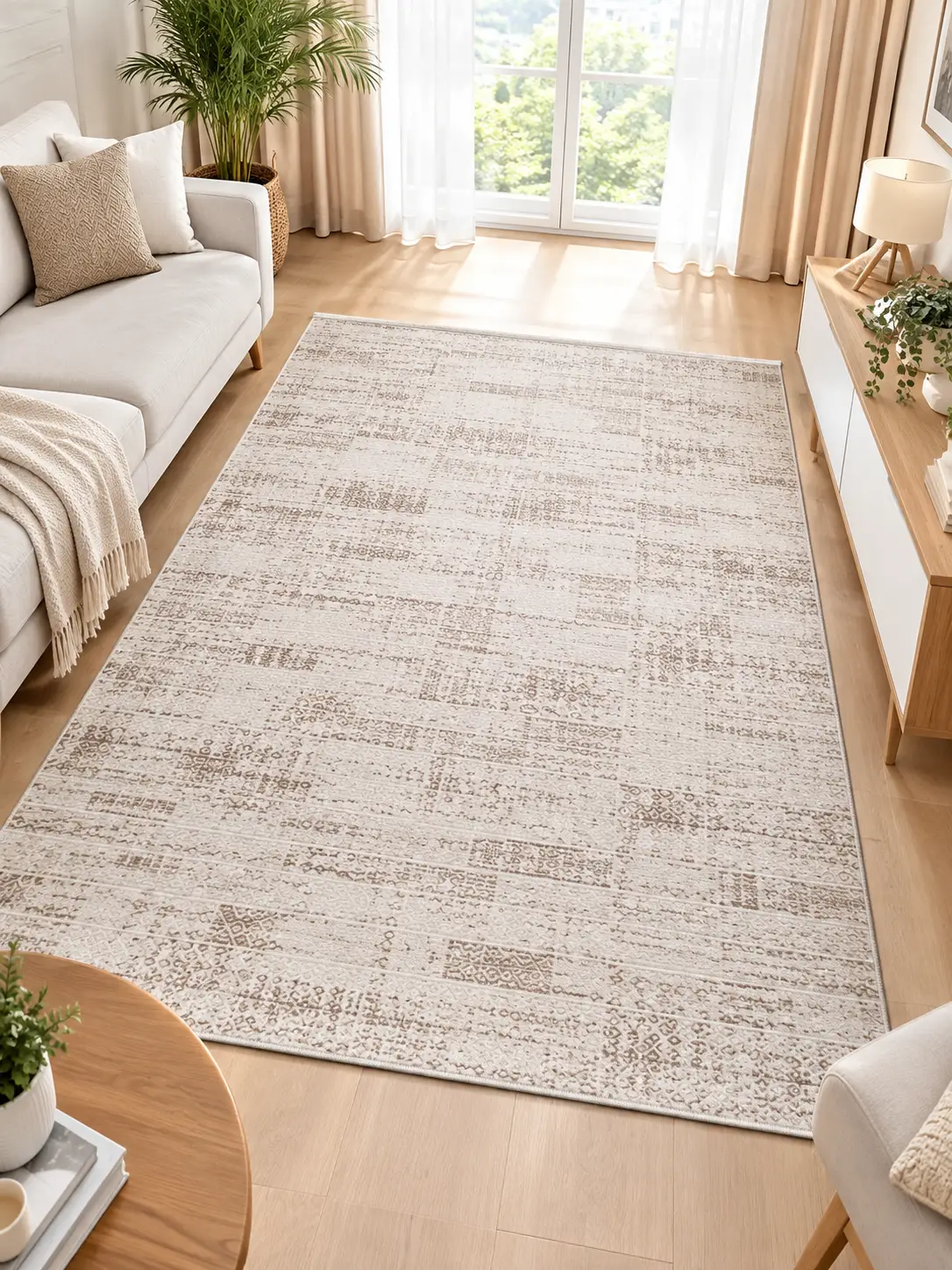 Saten Halı Modern Kaymaz Tabanlı Yıkanabilir Salon Oturma Odası Halısı Petek Desen - Kahverengi